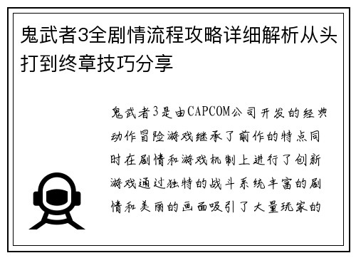 鬼武者3全剧情流程攻略详细解析从头打到终章技巧分享